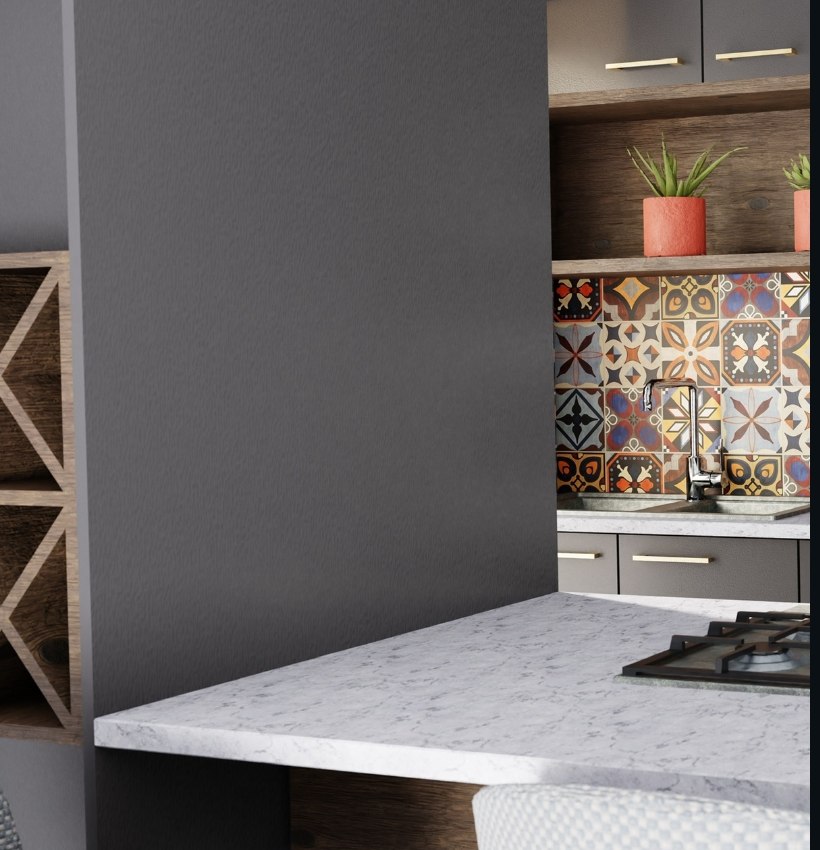Kitchen design concept — marble island with tiled splashback