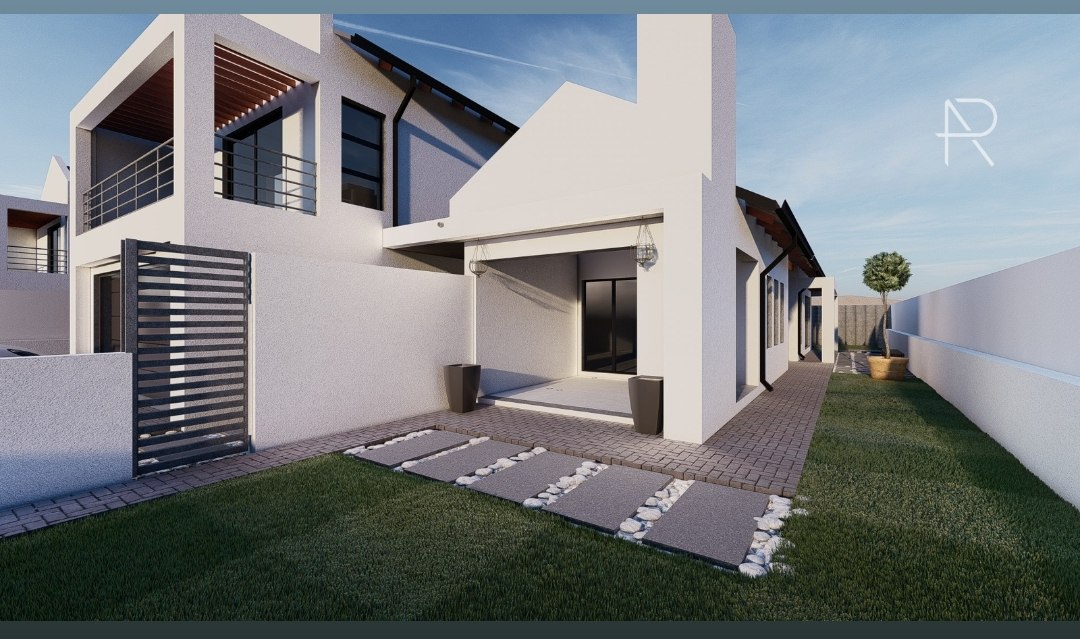 Traditional design concept — side garden pathway with pergola